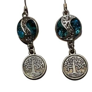 Blue and silver tree earrings